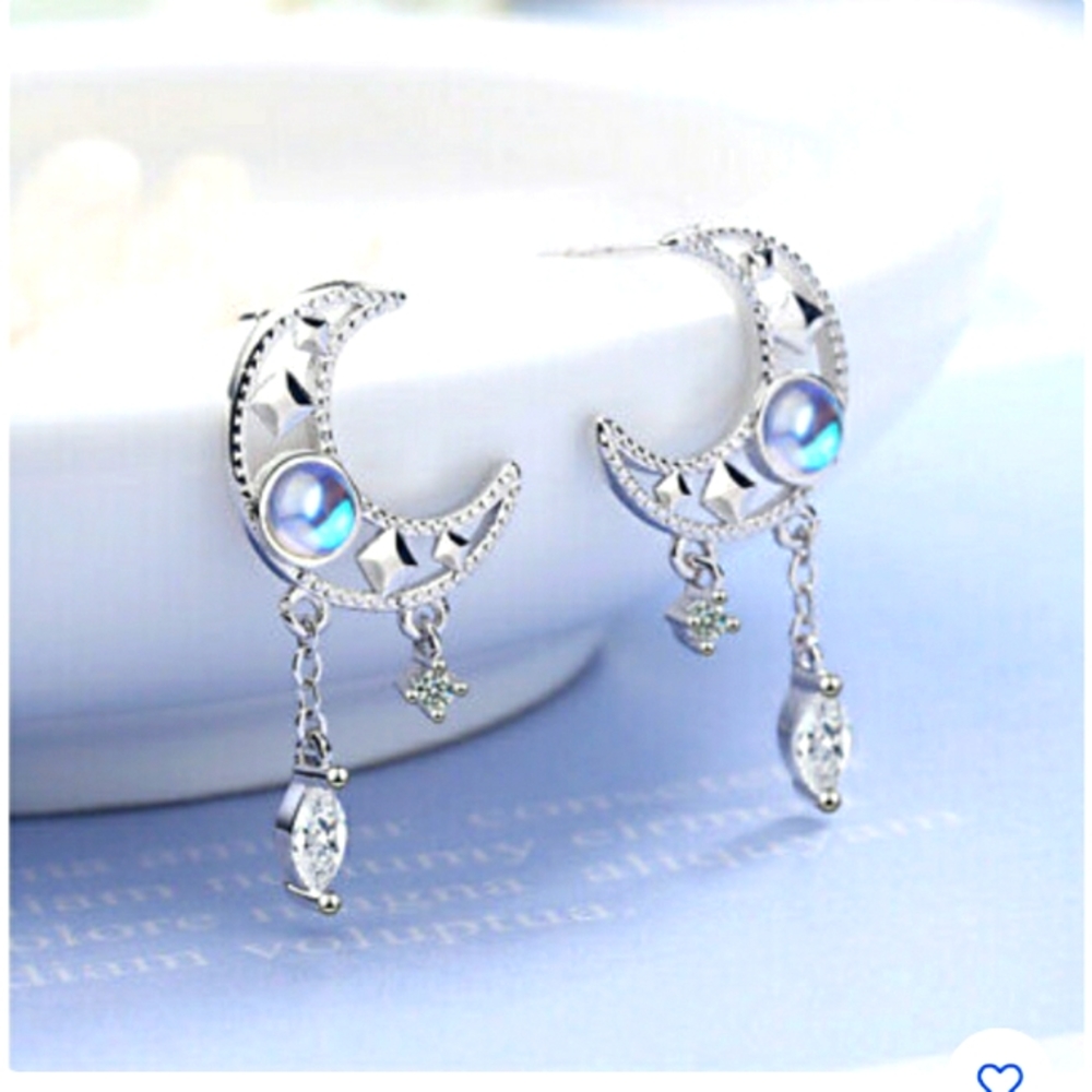 Crescent moon crystal drop earrings 925 silver